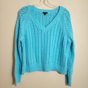Talbots blue open cable knit v-neck ribbed cuff sweater woman's size XL Petite